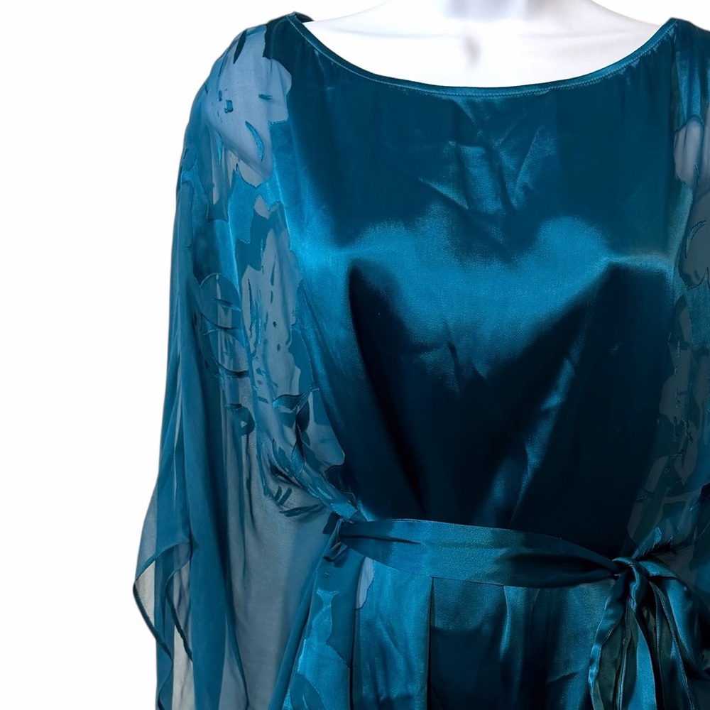 Vintage Cache Flutter Sleeves Teal Silk Blend Sheer Blouse with Tie Waist - Picture 11 of 11